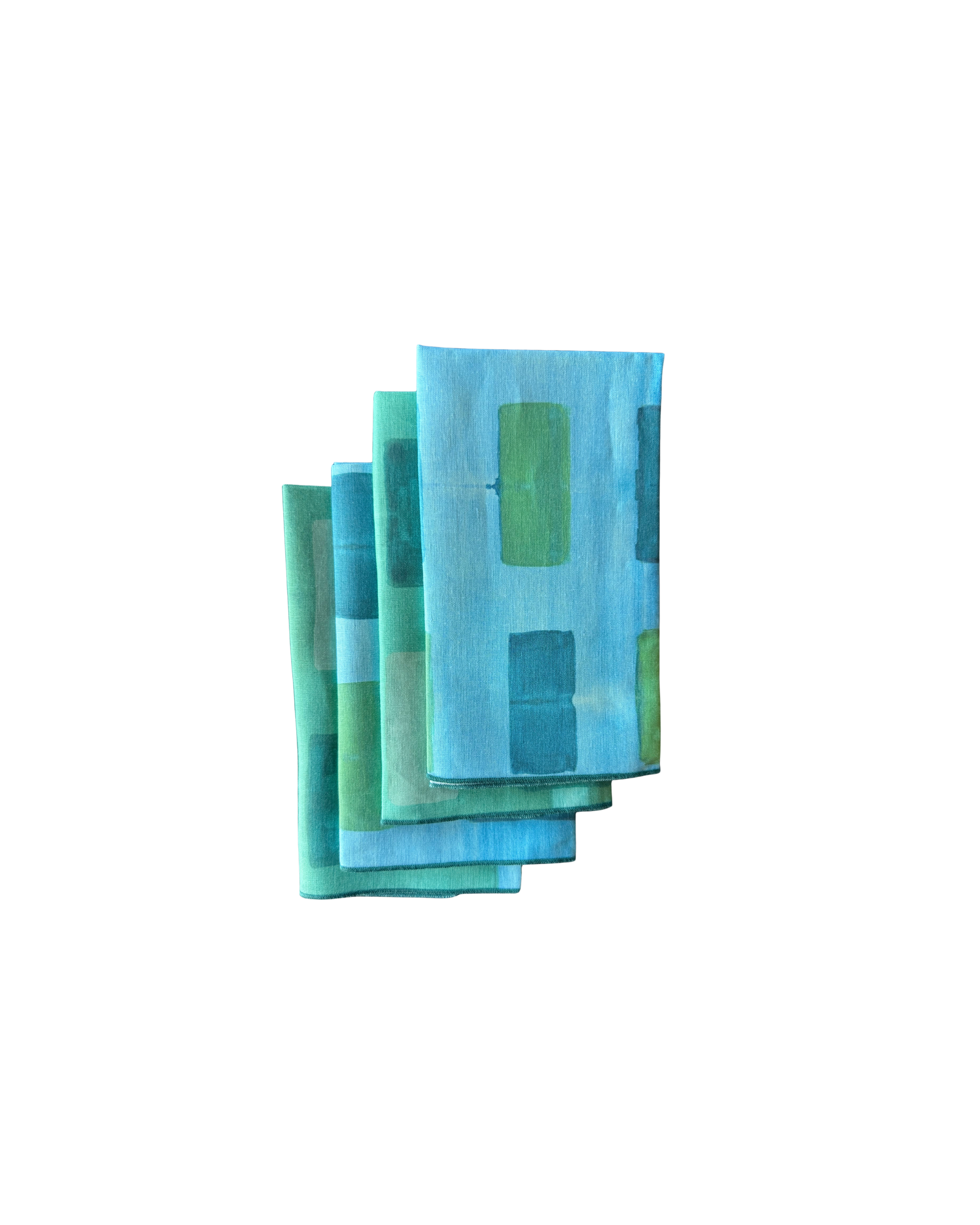 Blue Tapestry linen dinner napkin set of 4 with bold abstract brushstroke pattern in turquoise blue and green - Goldie Home