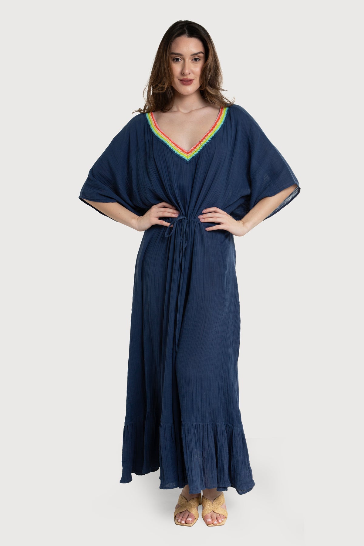 Crochet Rainbow Kaftan Maxi - Navy