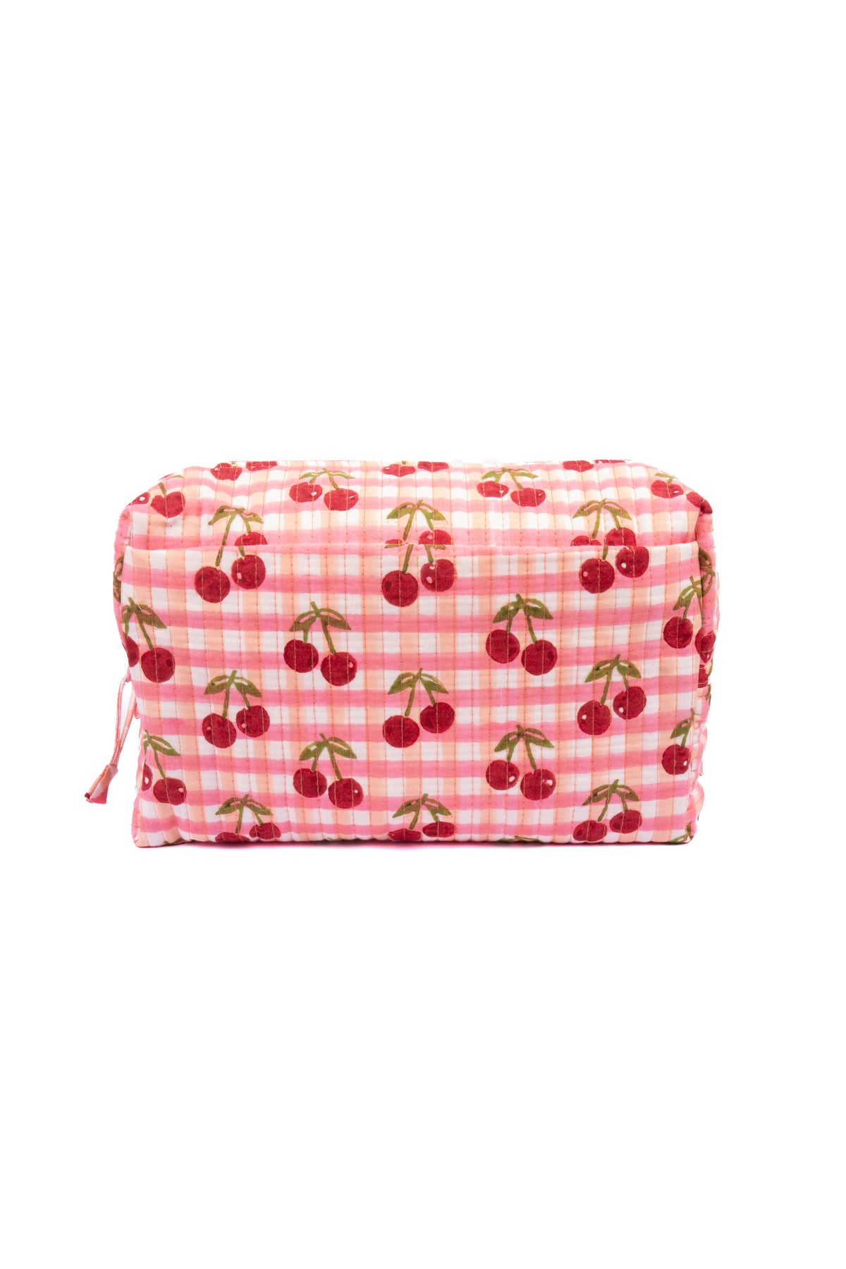 Red gingham cherry blockprint quilted makeup bag