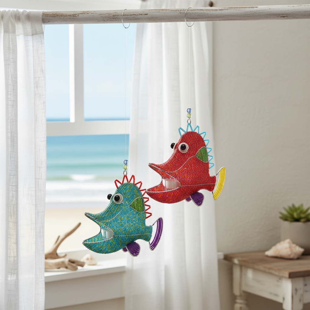 Beaded fish candle holders in coastal beach house window with ocean view