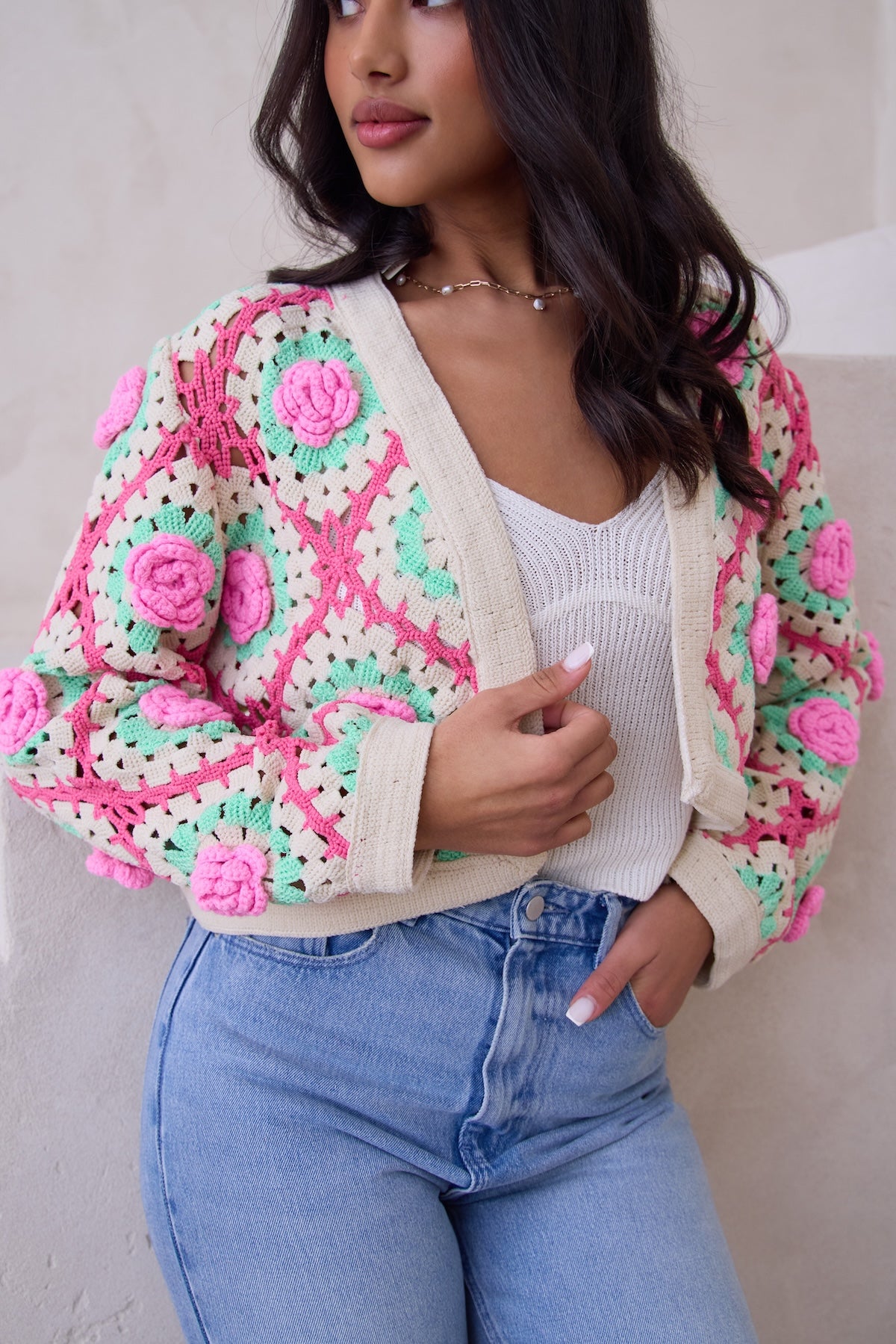 Rosette Crochet Cardigan - Pink