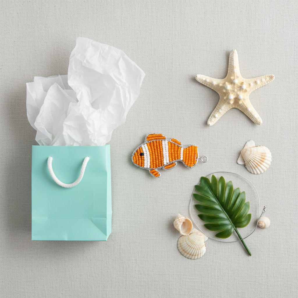 Clown Fish Keyring Set of 6 gift flat lay with tropical elements