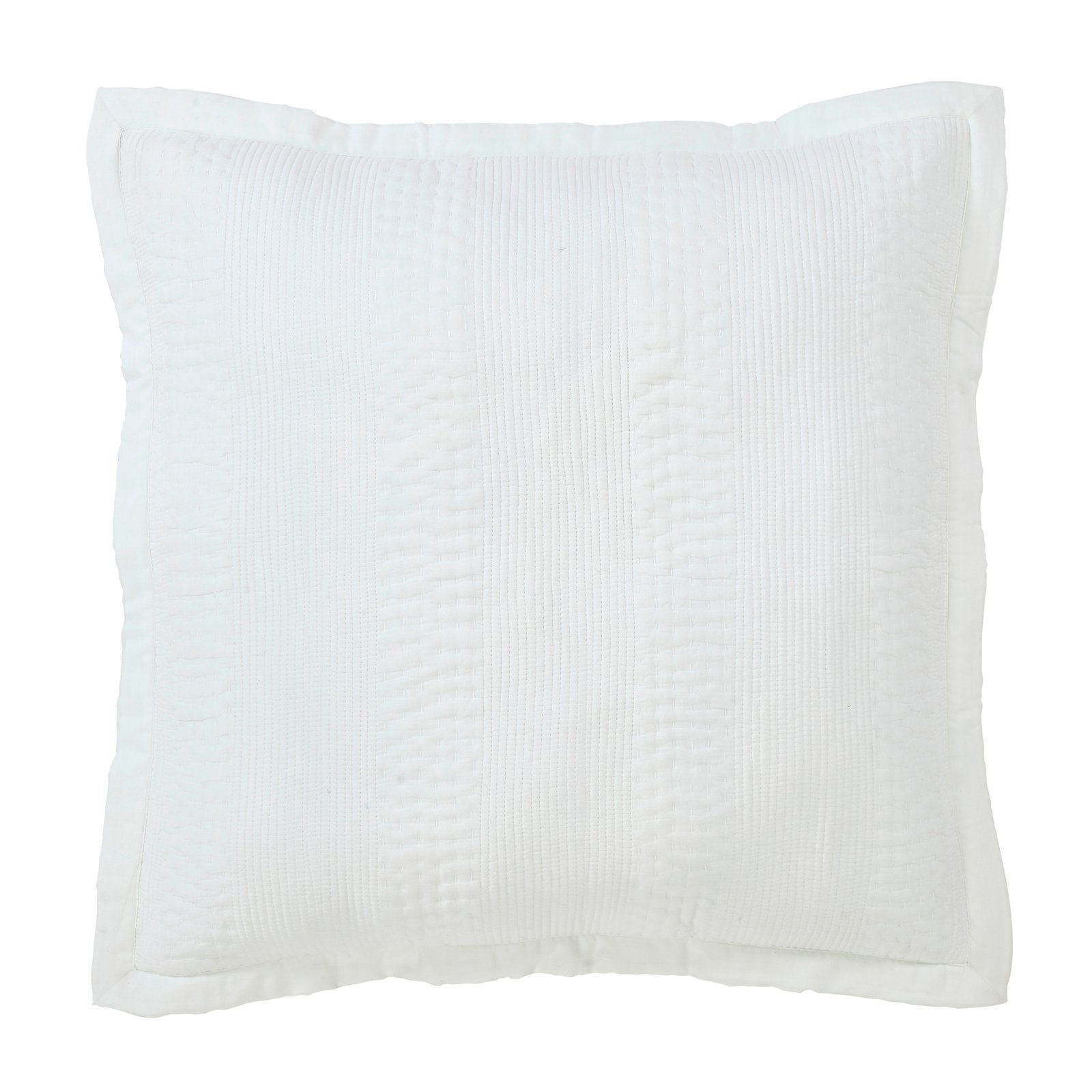 ES-163-2626-PO1224-LOT1_1|White quilted Euro sham featuring alternating vertical channel and subtle woven patterns, flanged border coverlet.