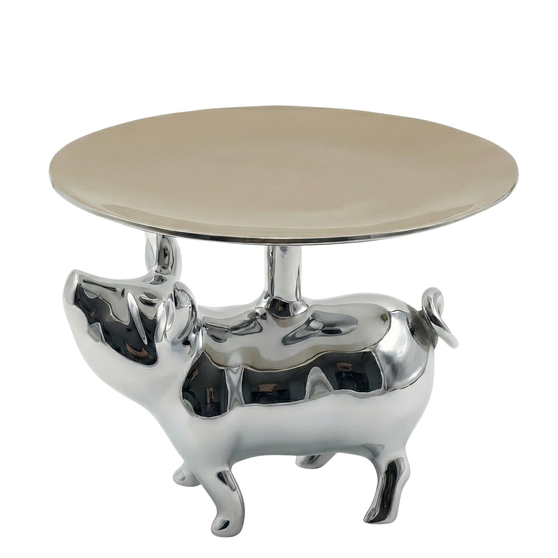 Round table with a metallic pig-shaped base on a white background