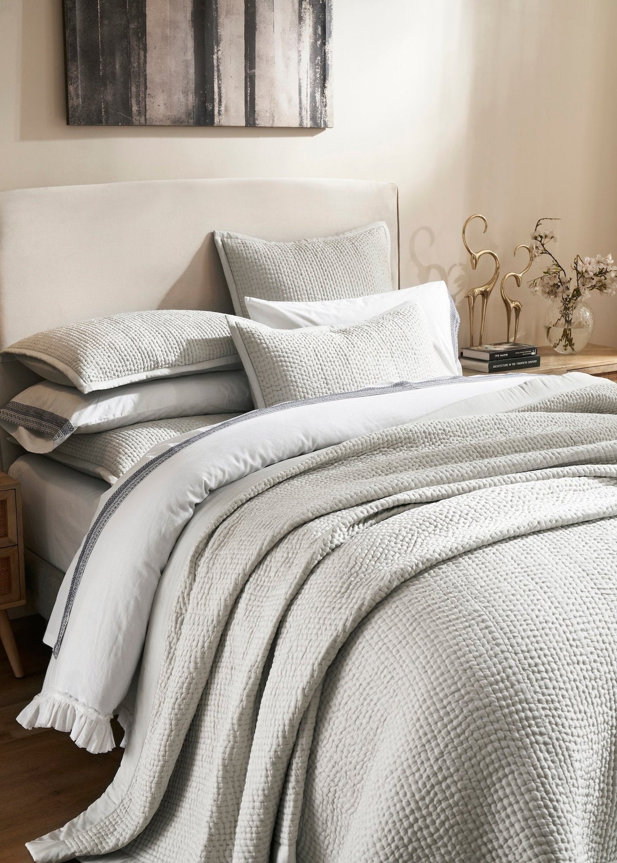 CL-197-9496_2|Light grey textured coverlet with a subtle waffle pattern, creating a modern and cozy feel for any elegant bedroom decor.