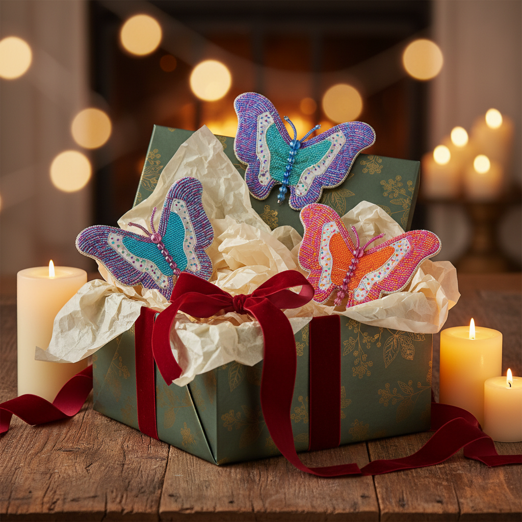 Beaded butterfly wall art set presented as a gift in a decorative box