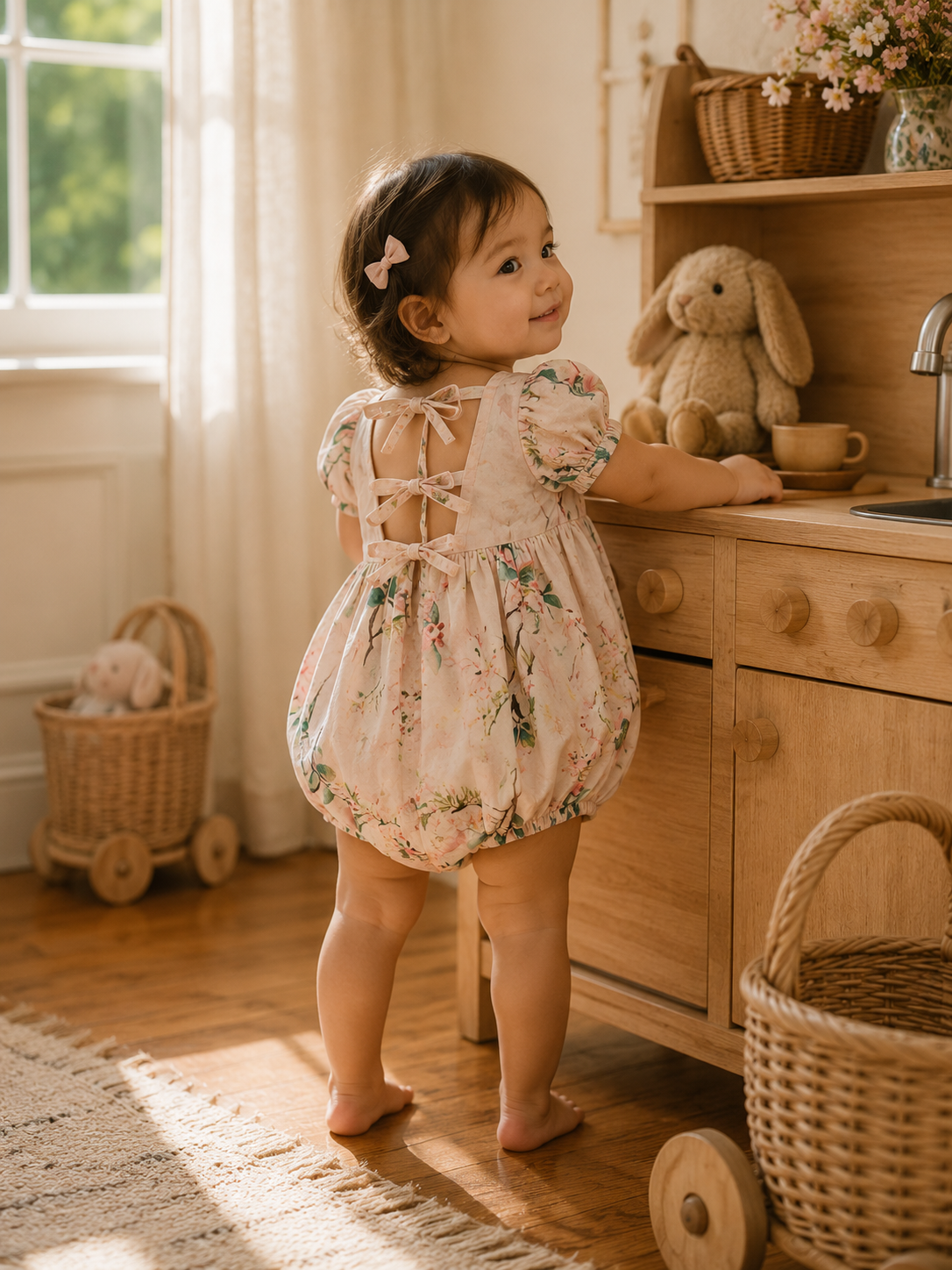 A toddler girl stands barefoot in a sunlit nursery or playroom, wearing a light blush pink floral romper with lace-up back ties. The room has warm wood cabinetry, baskets, a stuffed bunny, and a window with soft natural light.