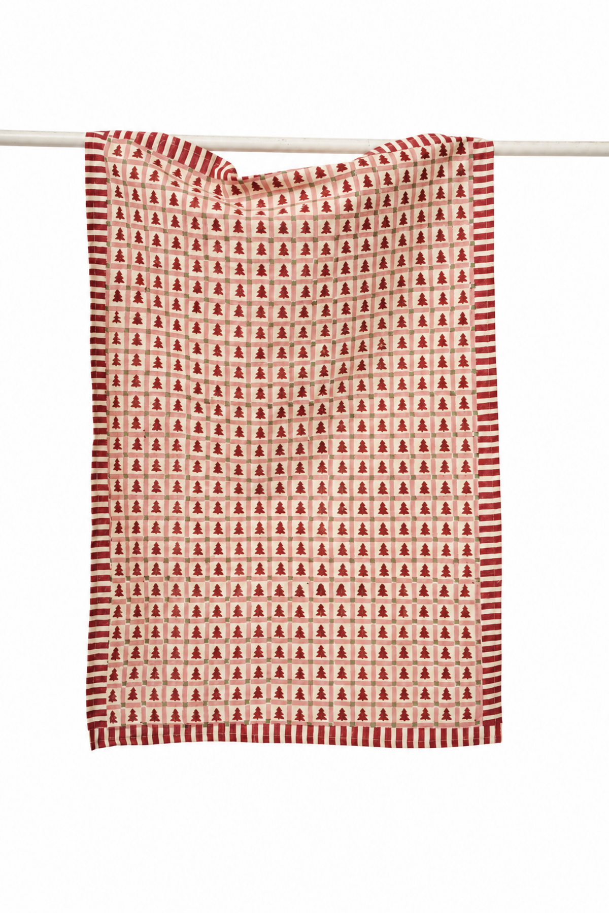 Merry Conifers -  Hand Block-Printed Cotton Kitchen Towel, Red