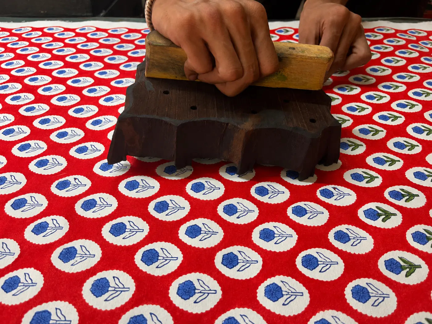 Jaipur artisan hand block printing fabric