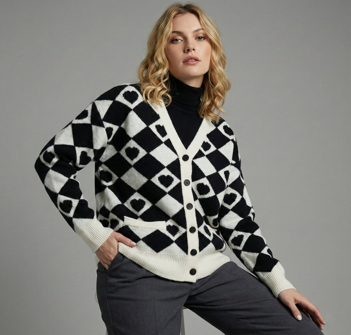 Checkered Hearts Cardigan - Black