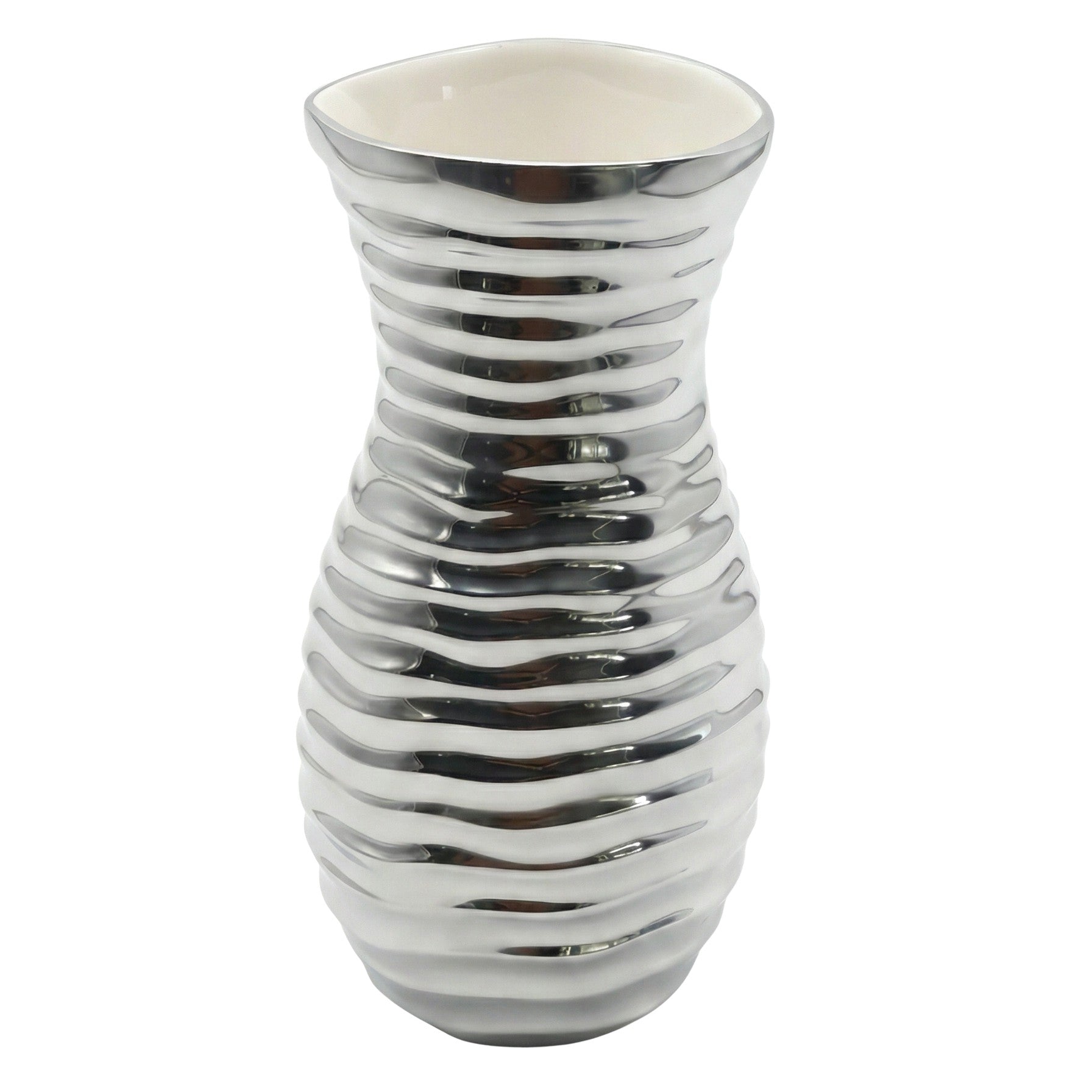 Three silver vases on clear stands against a light gray background