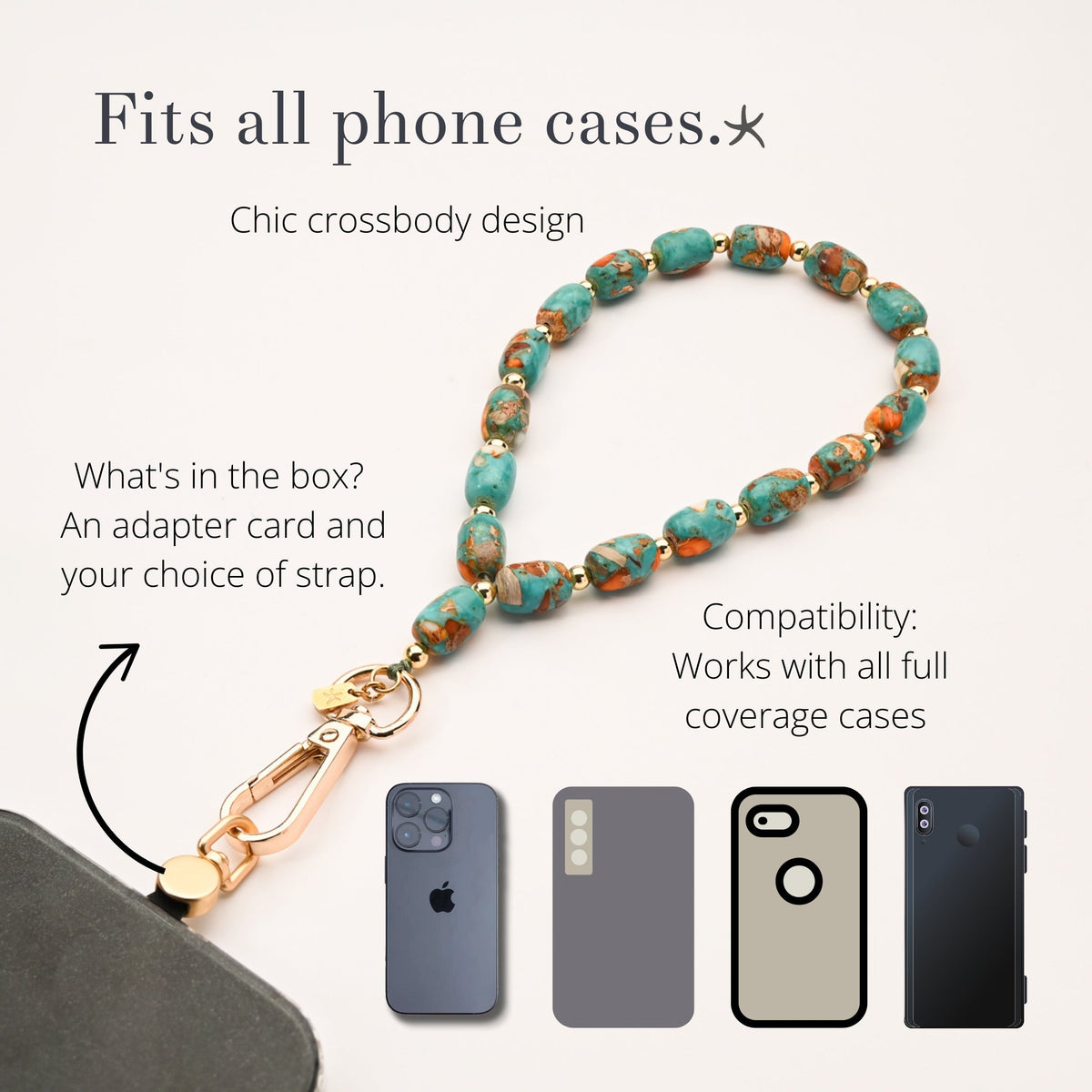 Sierra Bloom turquoise beaded phone strap with text on fit and phone case compatibility