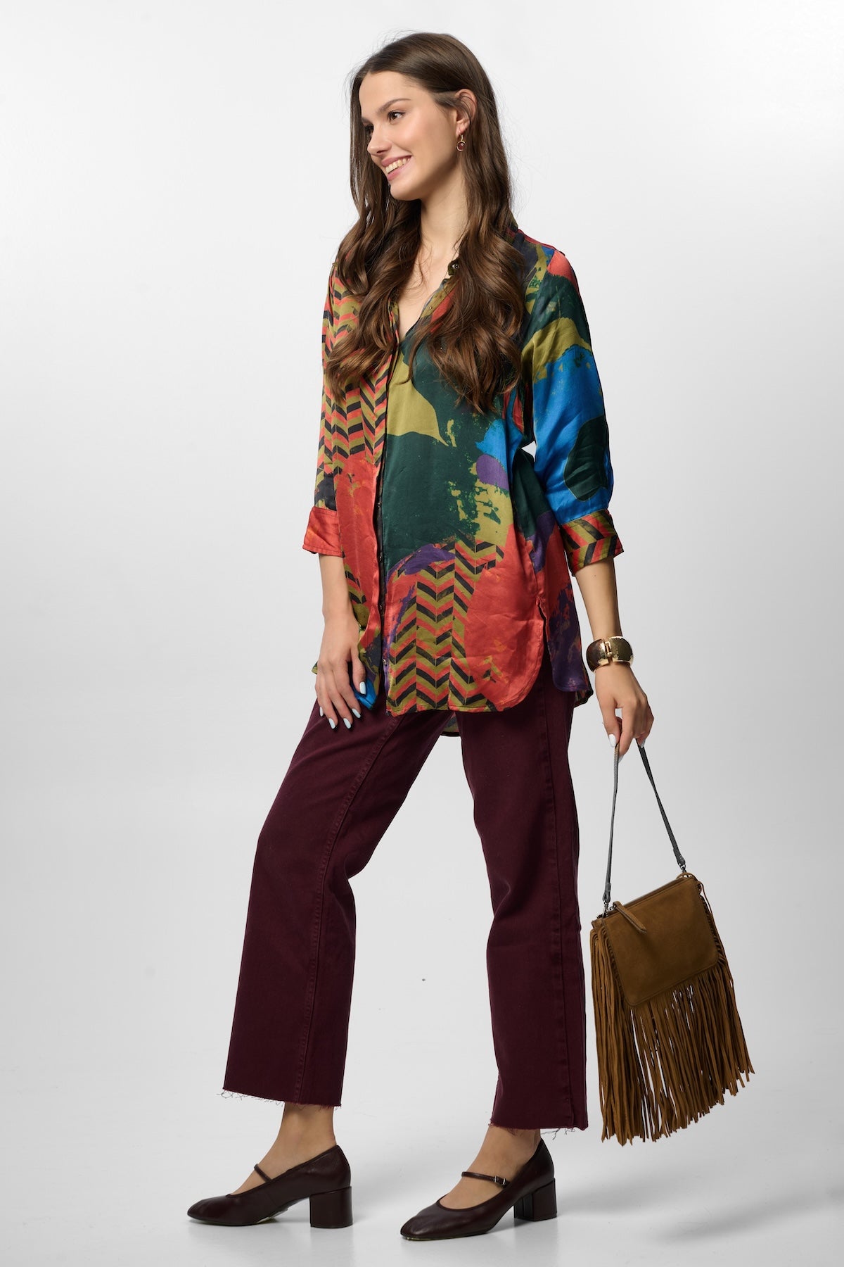 Satin Abstract Geometric Shirt - ORANGE