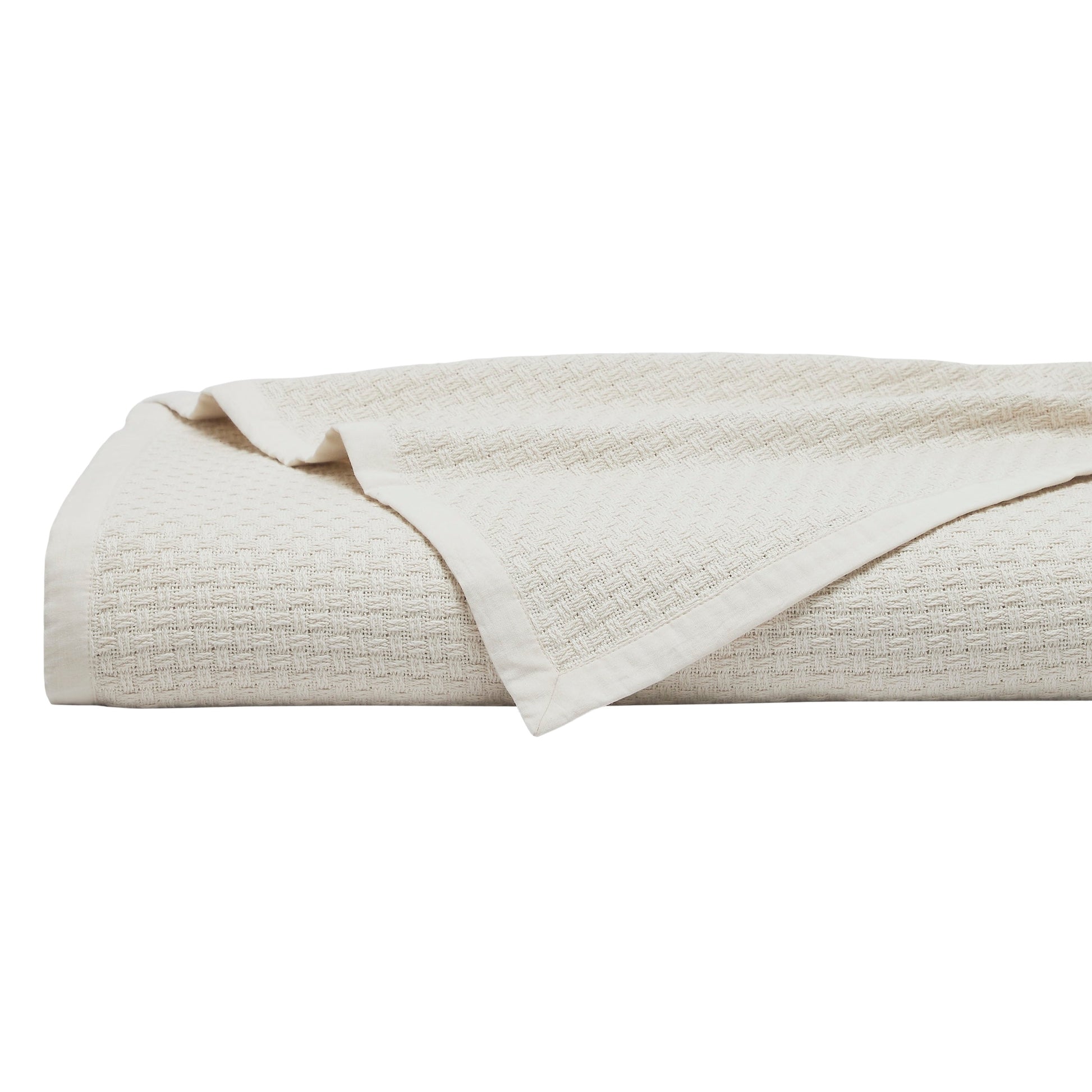 BL-868-11096_1|Folded cream herringbone weave blanket. Stylish, durable cotton throw for beds, couches, offering warmth and modern home decor.