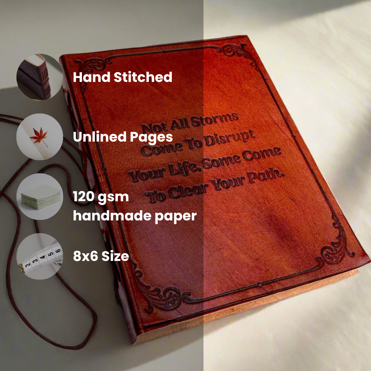 Embossed quote leather diary – handmade, eco-friendly notebook for journaling, sketching, and inspiration