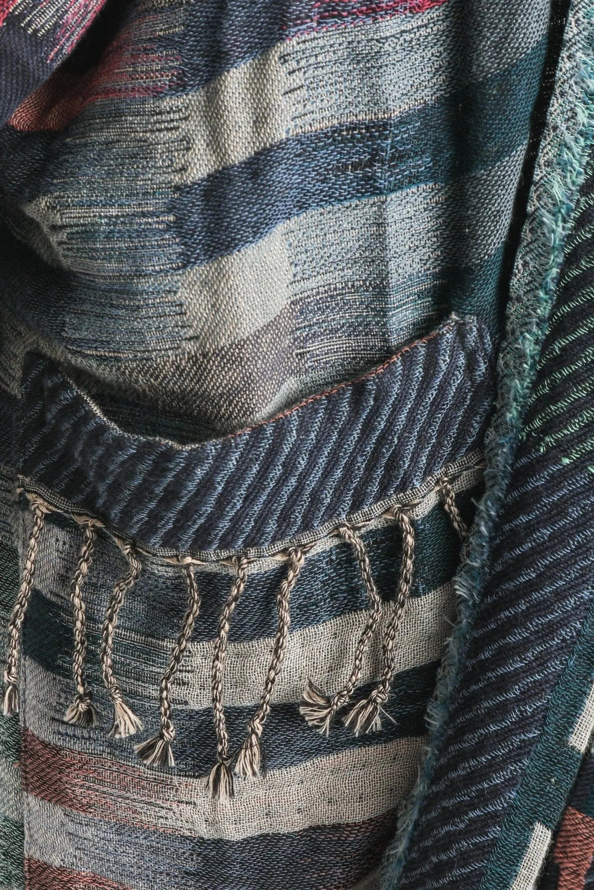 Cotton Retro Striped Fringe Long Jacket - Gray