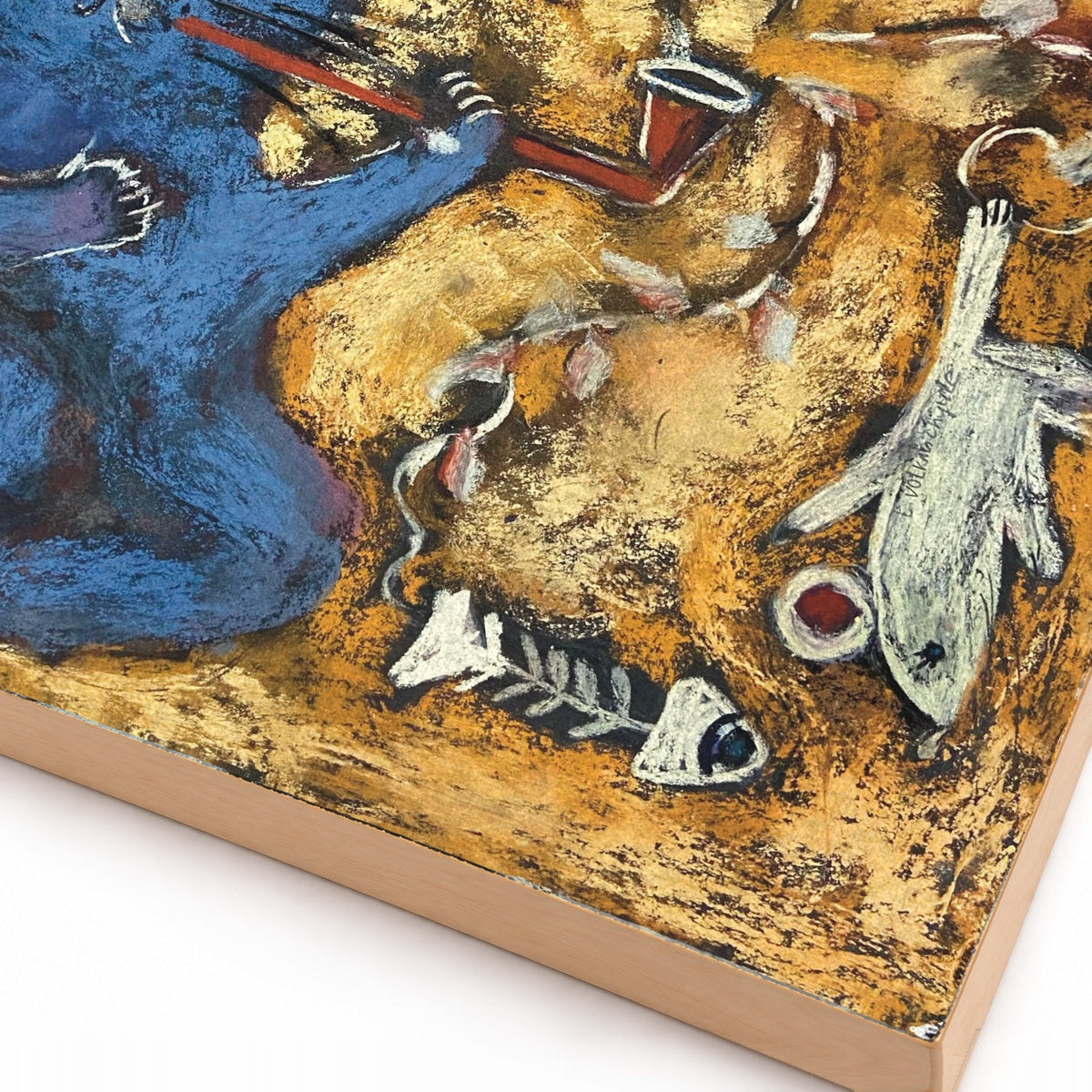 Smoking Cat blue pirate cat with pipe art print, close-up detail of print and wood edge