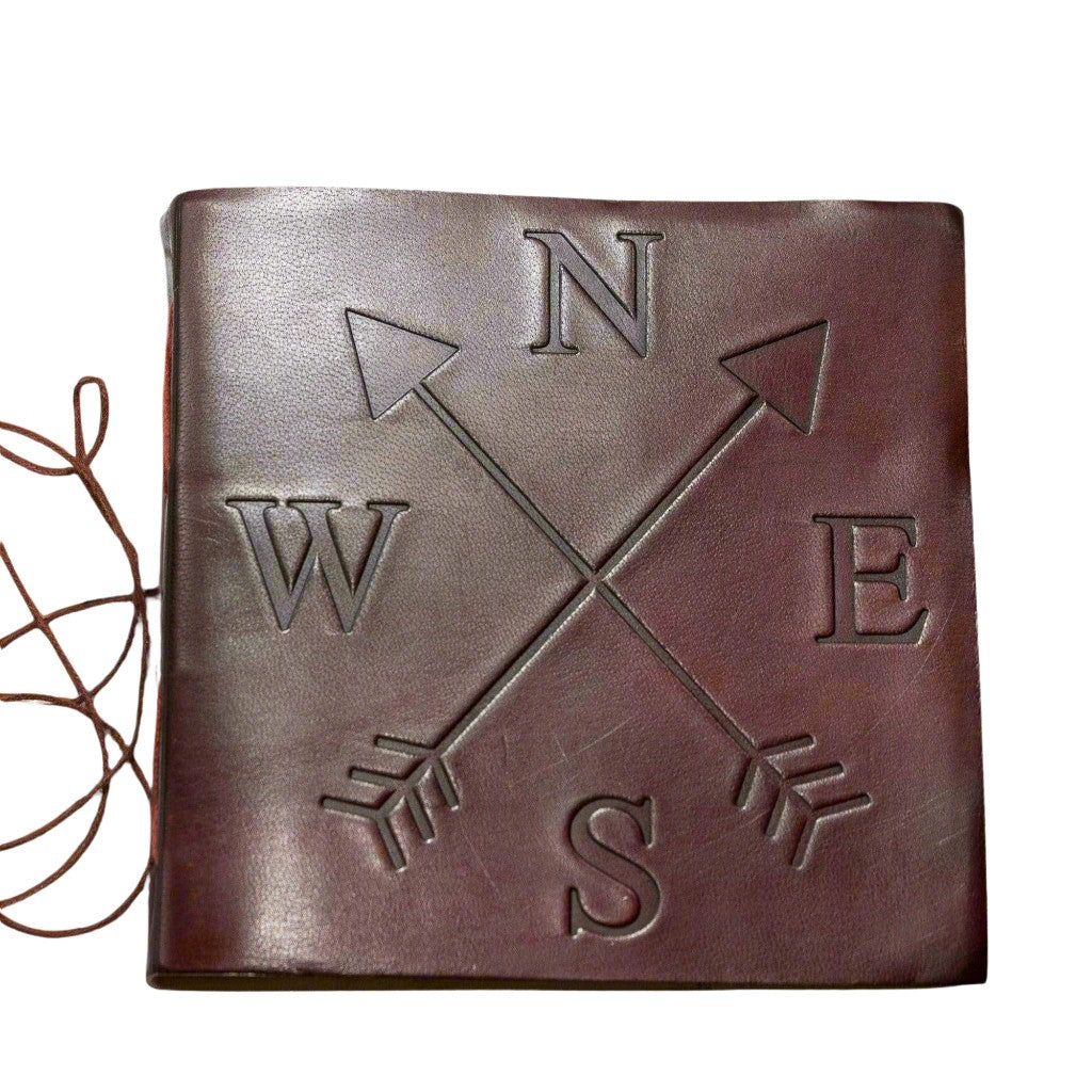 Leather journal embossed with compass – handcrafted travel-inspired journal for adventurers, writers, and seekers of direction