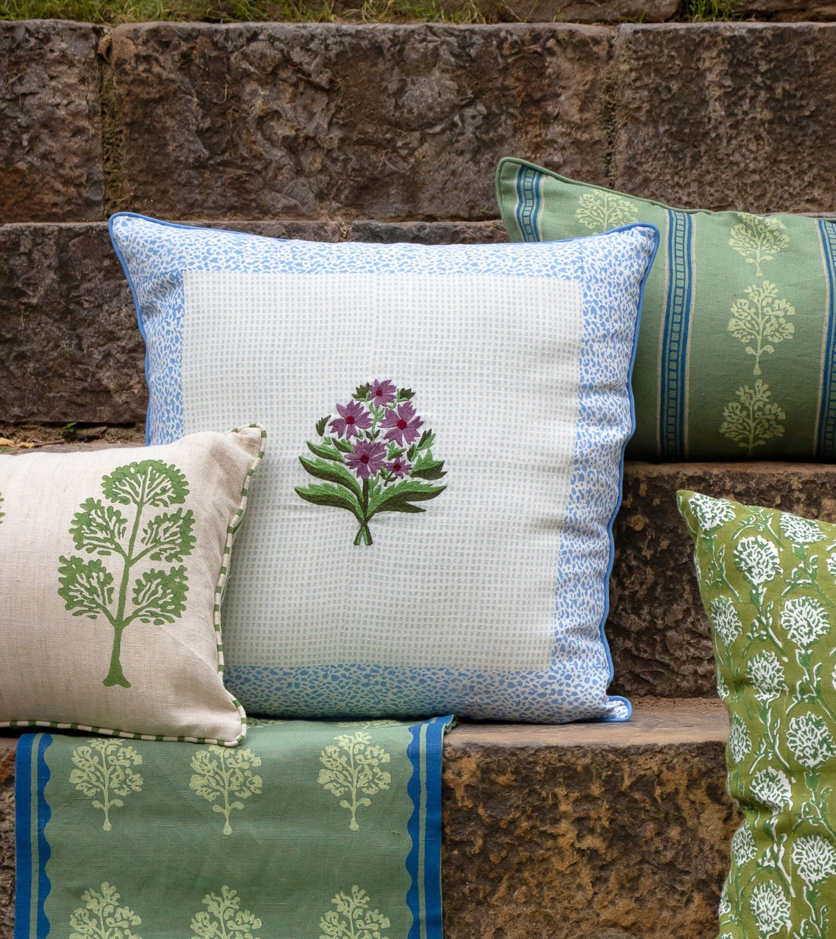 Rumi Floral Embroidered Linen Pillow Cover – Blue