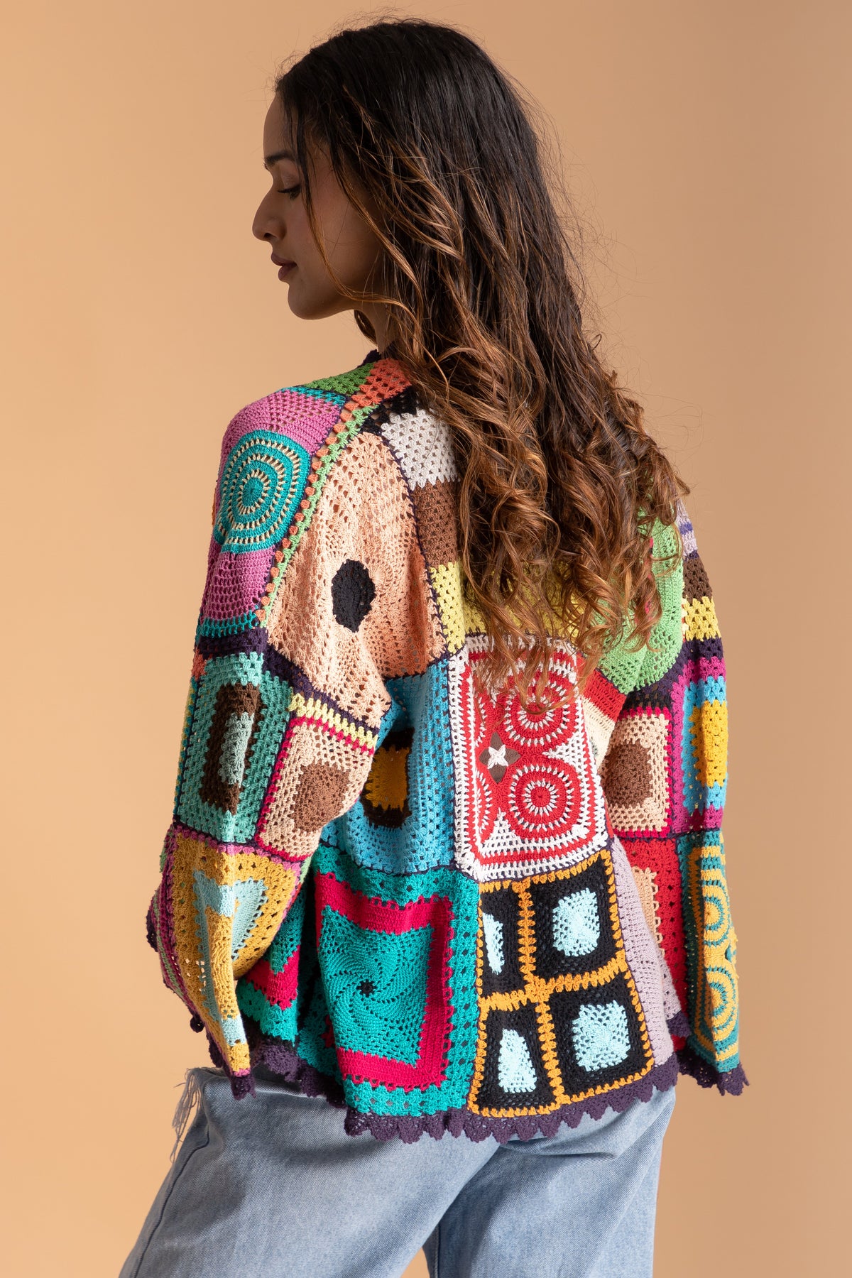 Multicolored Crochet Cardigan Cotton Jacket - Dark Multi