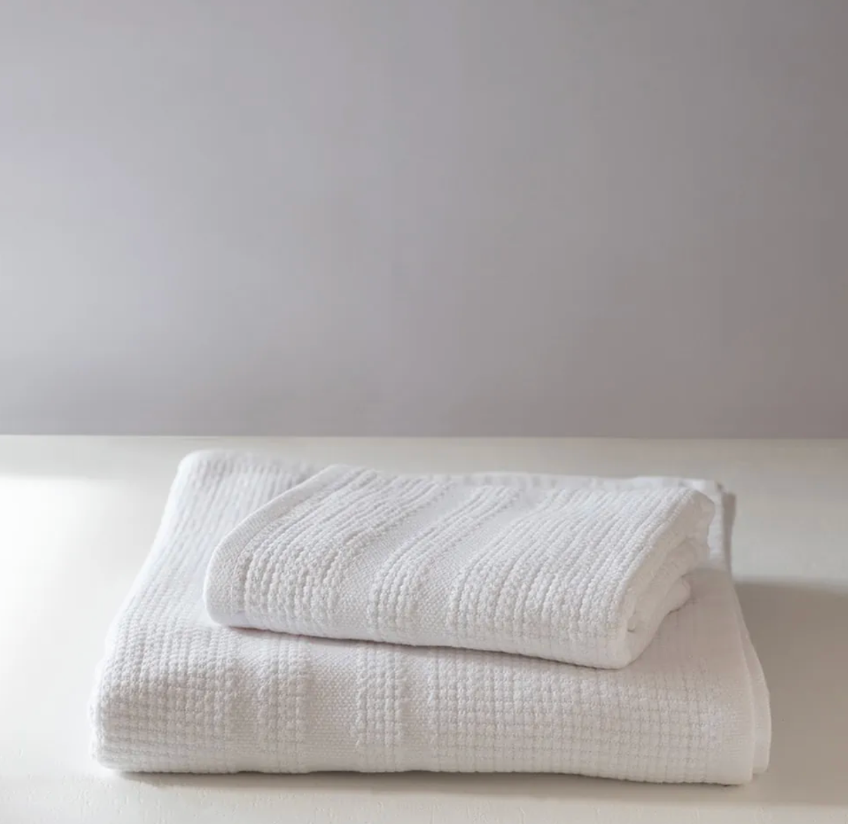 S/2 Organic Block Rib Hand Towel - White