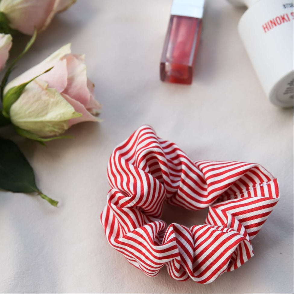 Scrunchie Red Pinstripe detail — women's cotton red and white pinstripe scrunchie