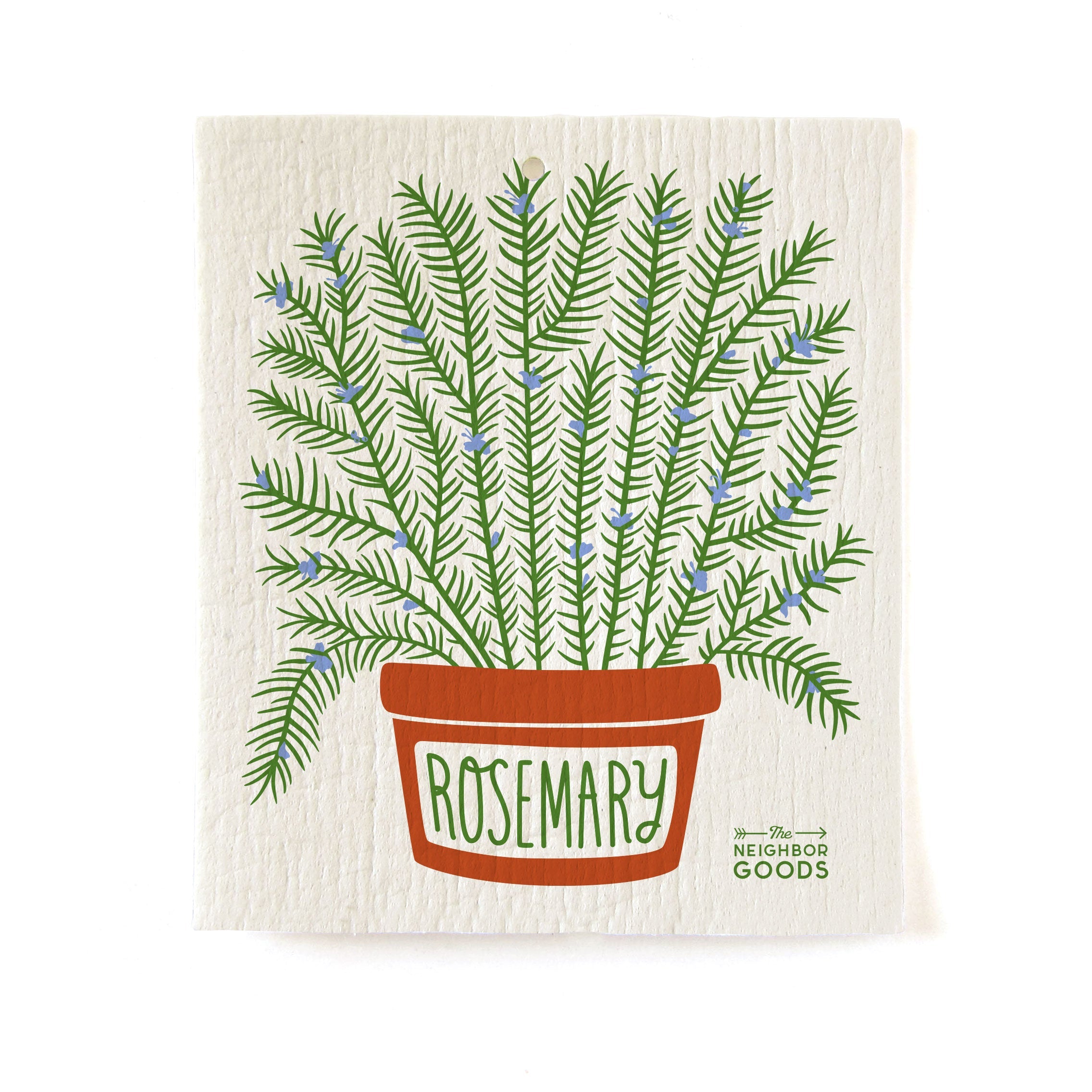 Back of matching dish towel and sponge cloth set with rosemary design