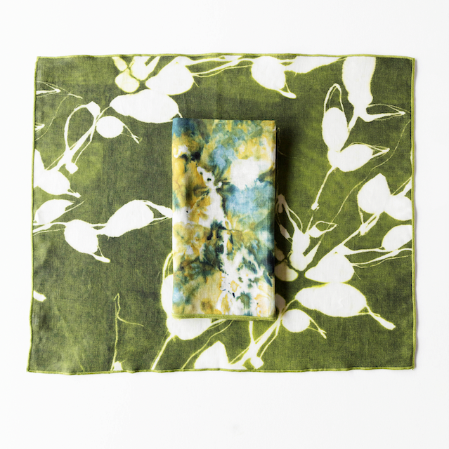 Porto Print Olive linen placemat styled on dining table - Goldie Home