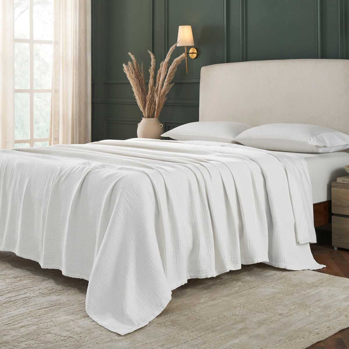 BL-861-9496_2|Crisp white textured cotton blanket fully covering a bed, providing a clean and comfortable look in a modern bedroom setting.