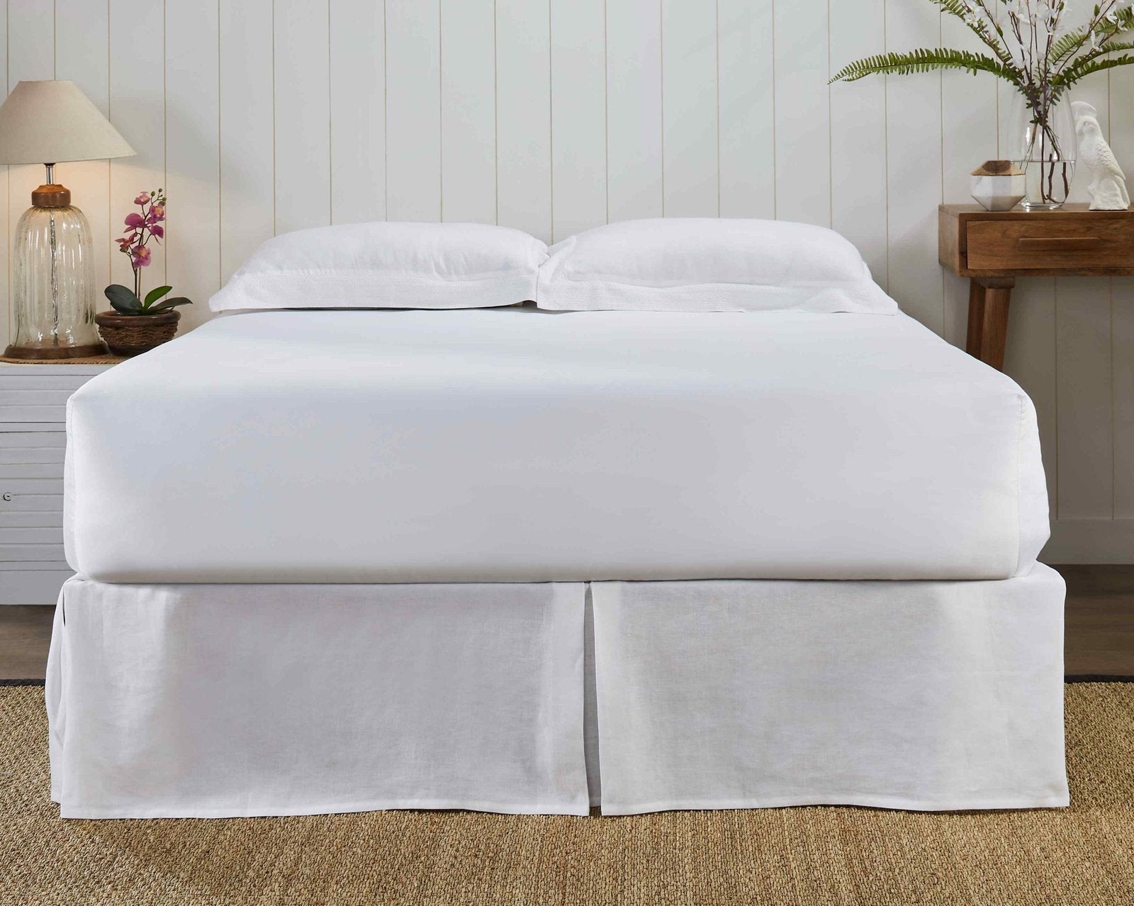 BS-101-7880_2|Elegant white bed skirt with crisp tailored pleats, providing a polished and sophisticated foundation for your bed.