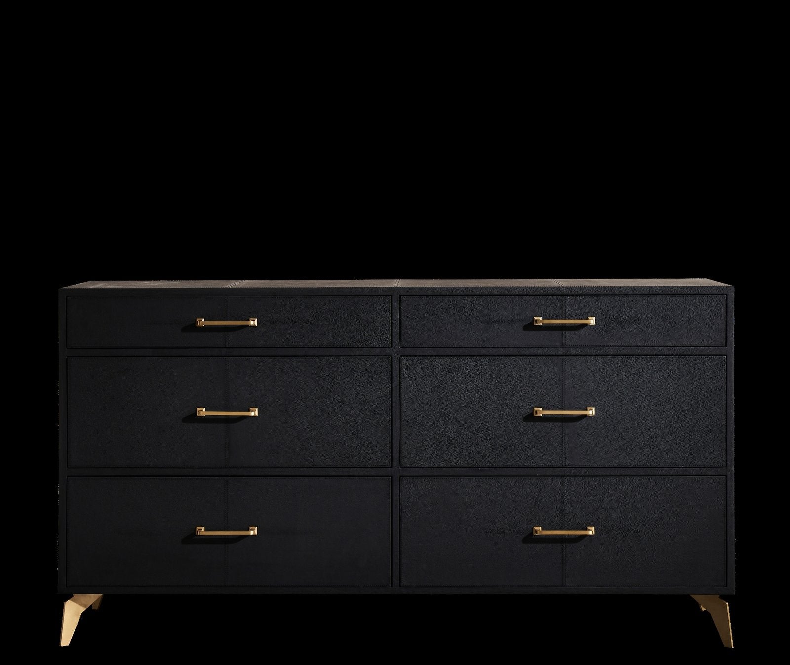 FN-5200-642033_8|Striking black leather six-drawer dresser with gold pull handles and matching tapered legs, a timeless storage piece.