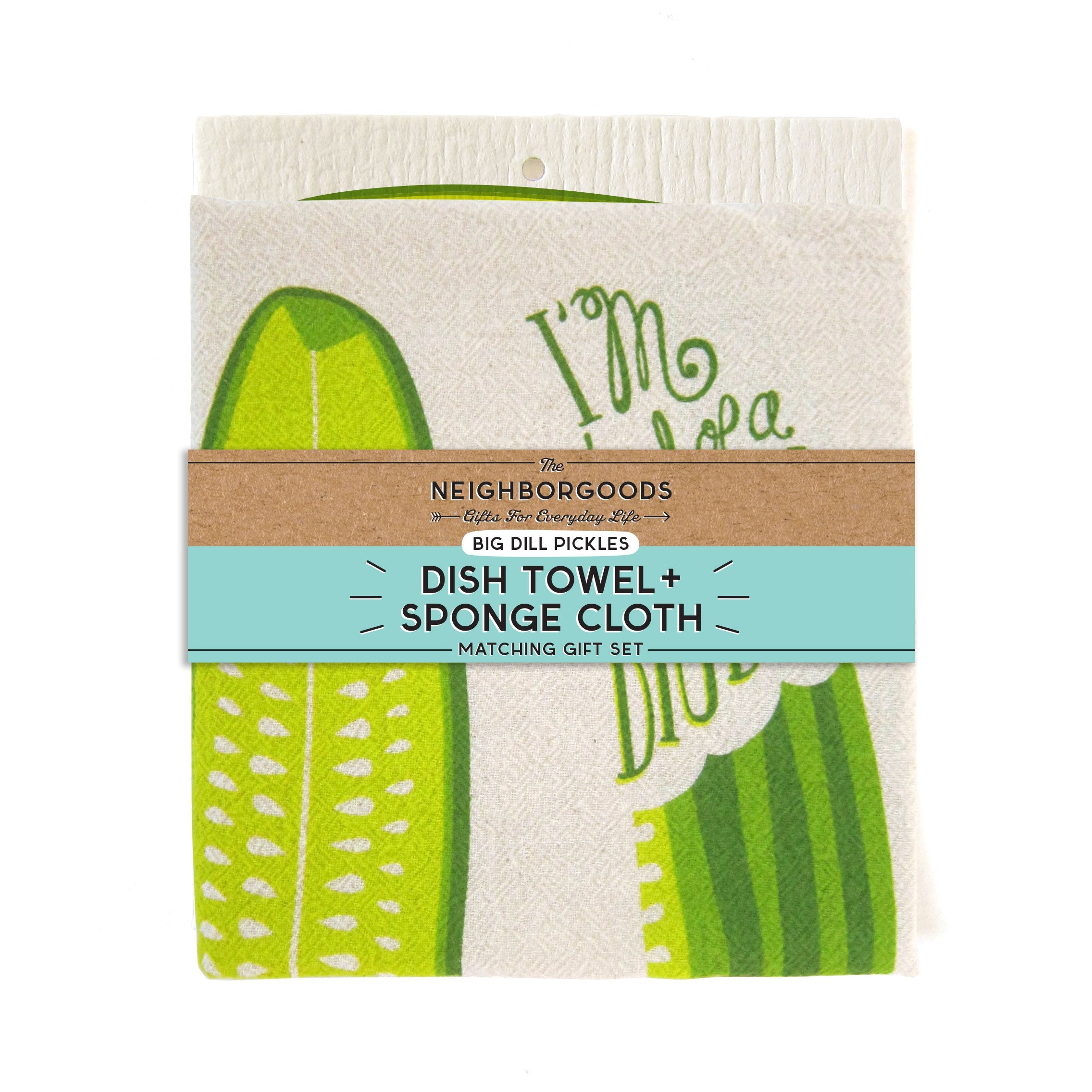 Back of matching dish towel and sponge cloth set with pickles design, featuring the phrase "I'm kind of a big dill"