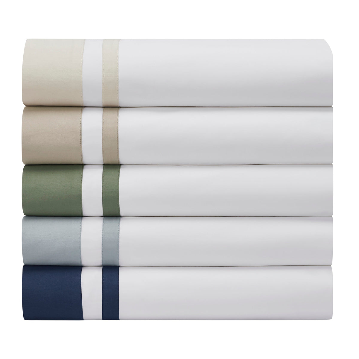 KFL-543-7880_6|Stack of premium 100% cotton sheets in diverse colors, featuring elegant striped borders for a luxurious and breathable bedding experience.