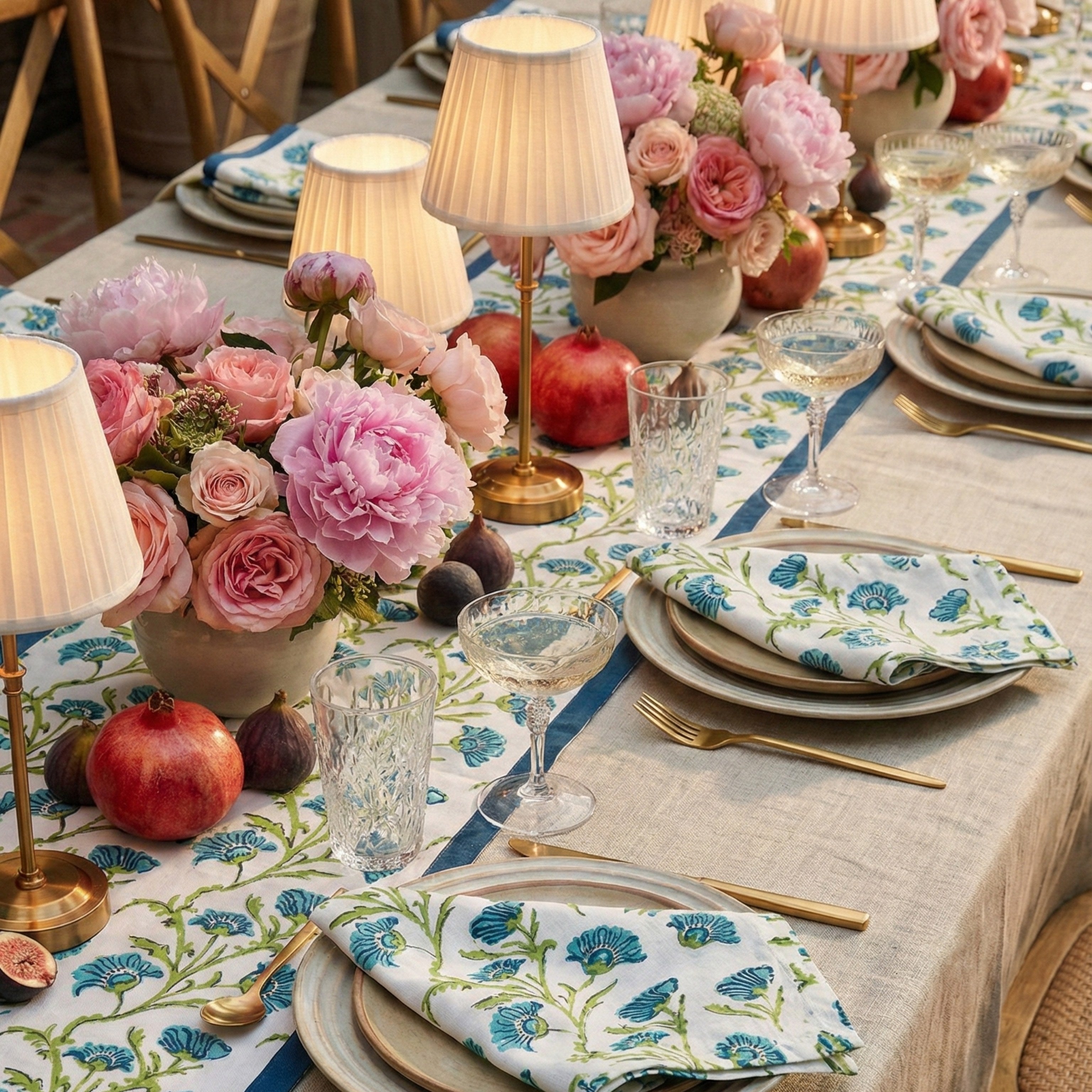 Bella Hand Printed Table Runner - Olive Green & Blue