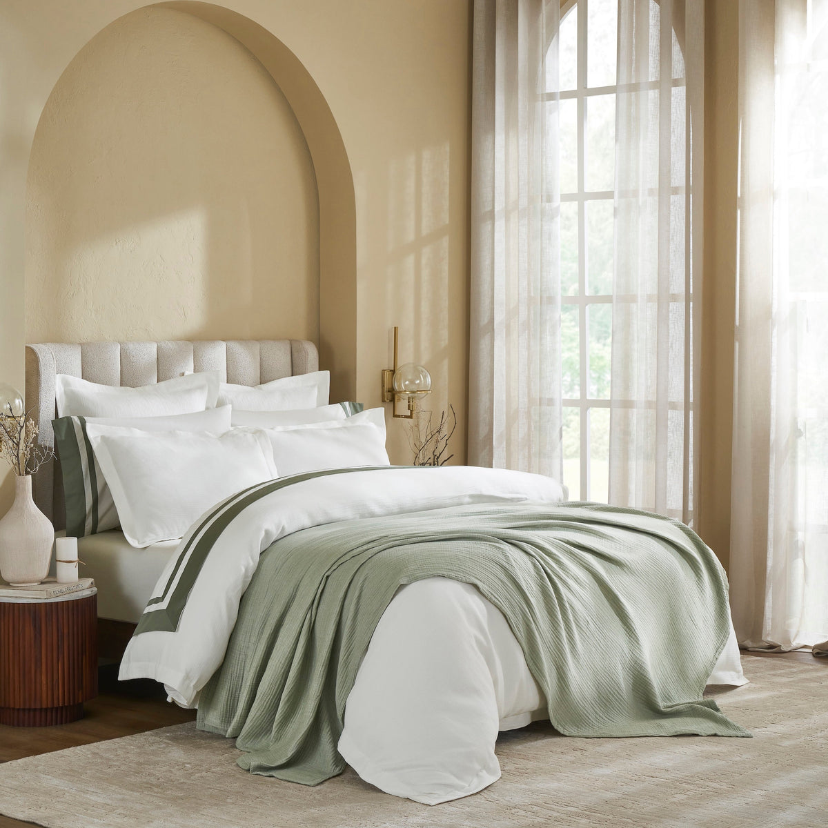 BL-864-11096_3|Cozy sage green textured blanket draped over a crisp white duvet in a modern bedroom setting, enhancing comfort and style.