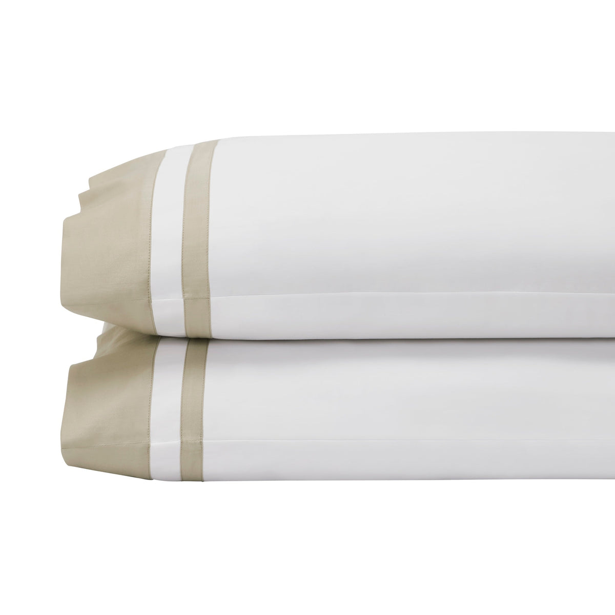 ASP-540-2032_2|White 100% cotton sateen flat sheet and two pillowcases, each featuring a wide beige border with dual white stripes.
