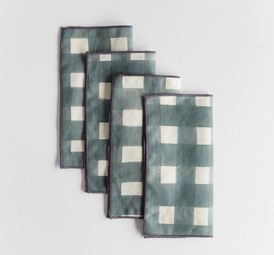 Blue Cross-Hatch linen cocktail napkins flat lay detail - Goldie Home