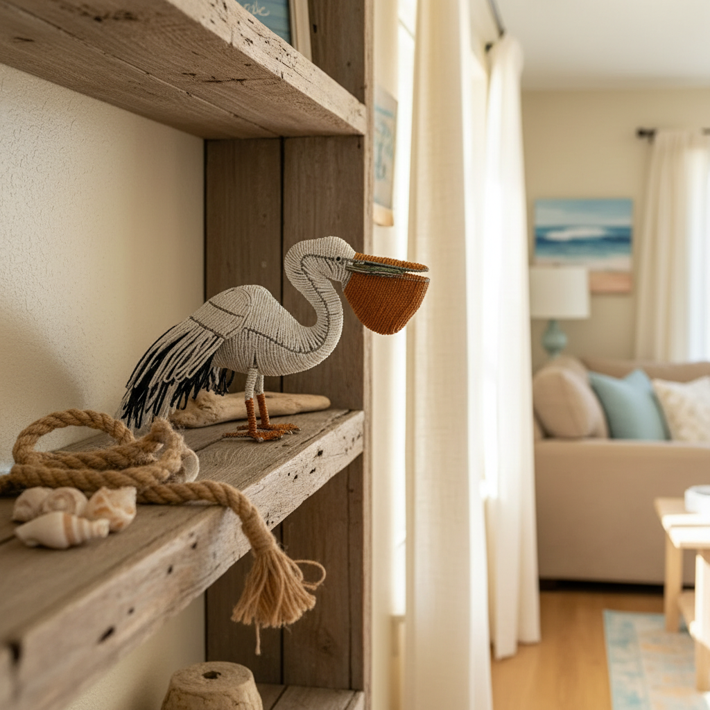 Handcrafted beaded pelican sculpture displayed on a driftwood shelf in a coastal beach house living room - 25PELM01