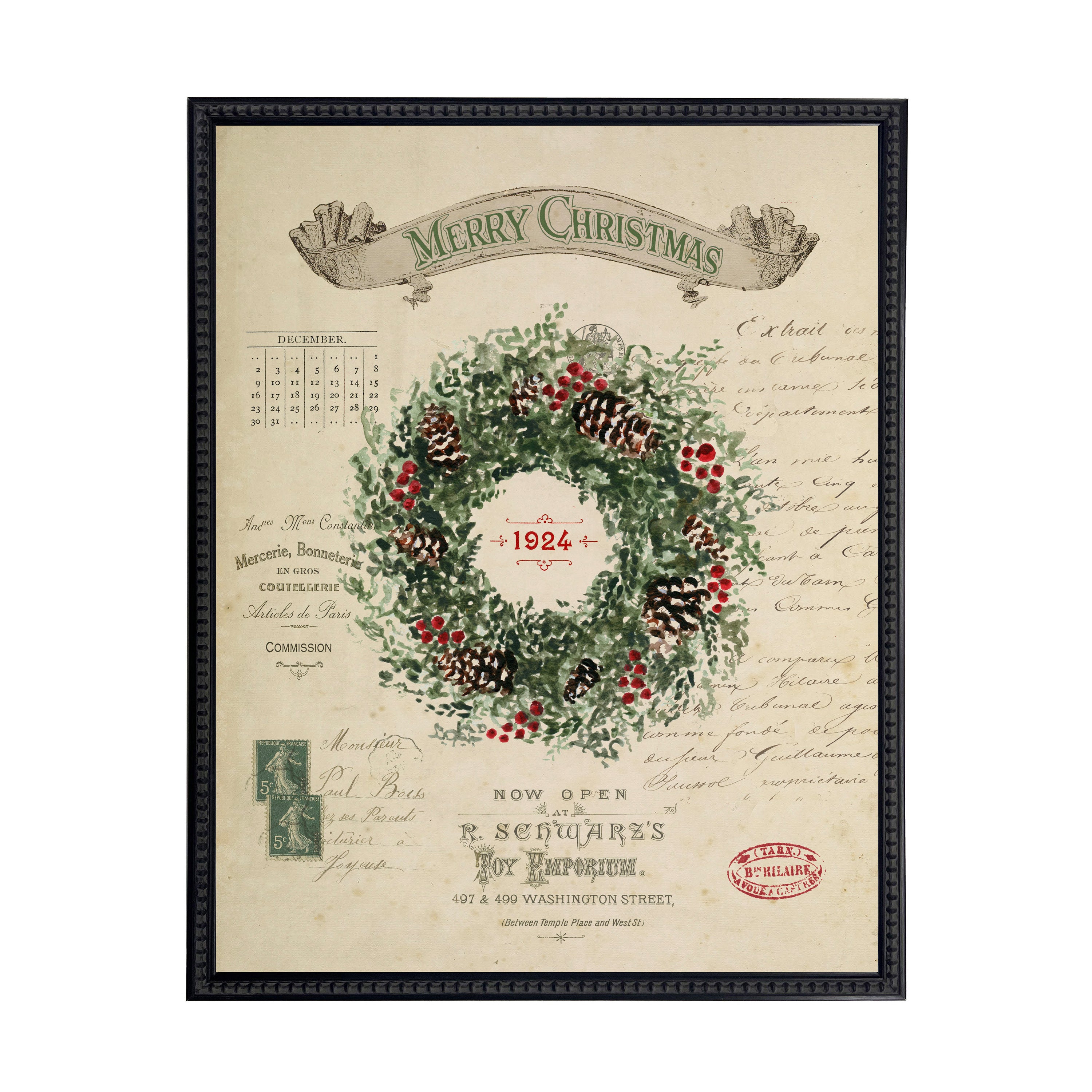 Vintage Painting of a Wreath on a distressed bookplate background