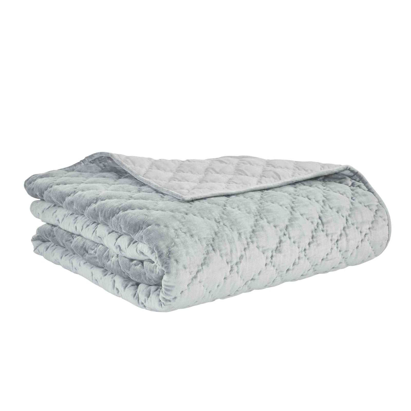 QT-356-9496_7|Folded light grey blue reversible quilt with diamond quilting. Soft, comfortable bedding for a stylish modern bedroom.