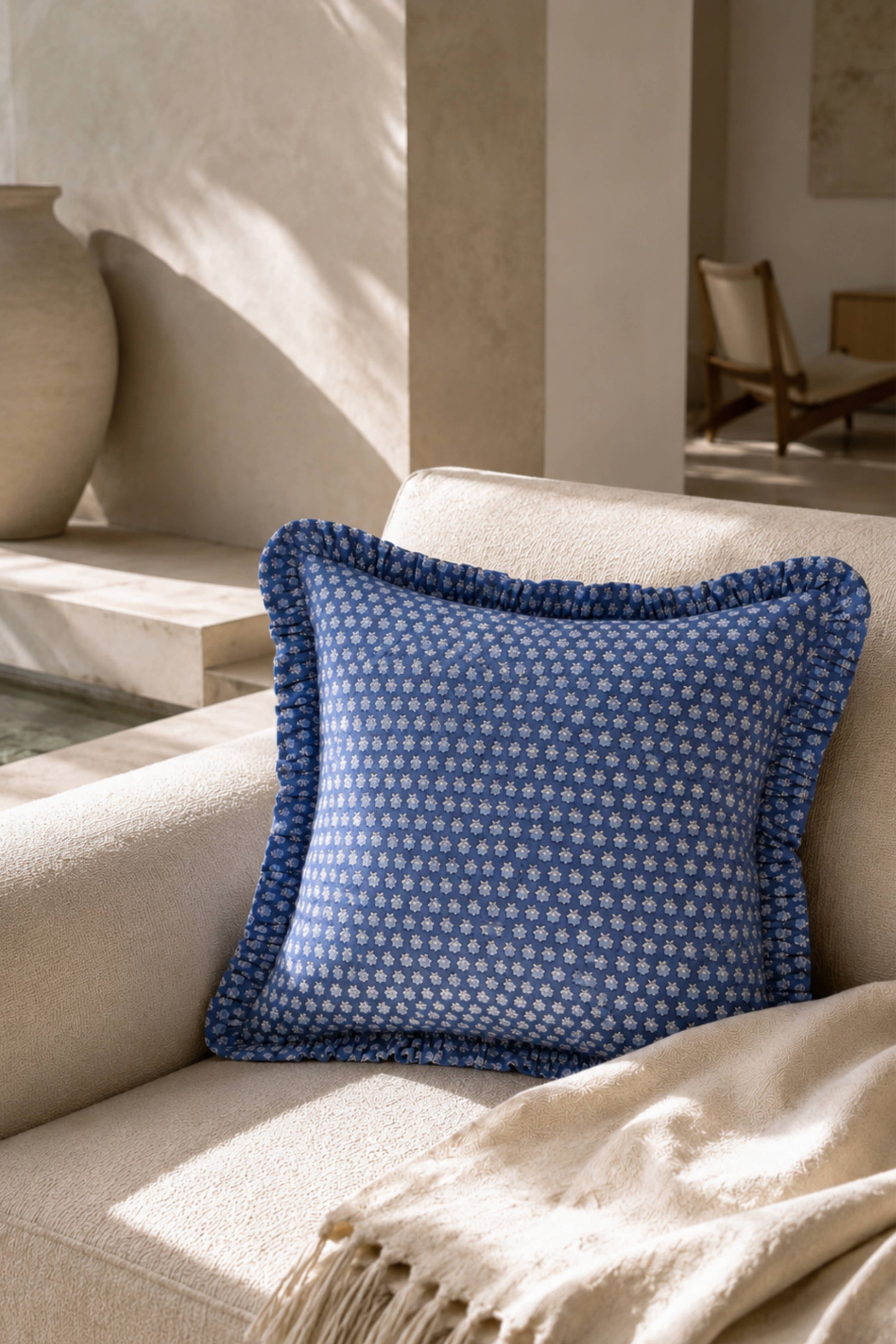 Parijat Blue Ruffle Blockprint Blue Pillow Cover