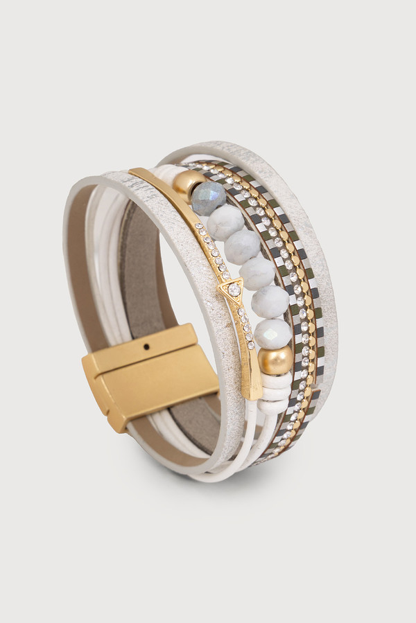 Beaded Shimmer Leather Bracelet - White
