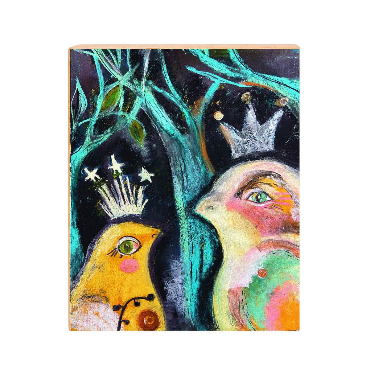 New Friend whimsical bird art print in turquoise and yellow, 11×14, front view on gesso board