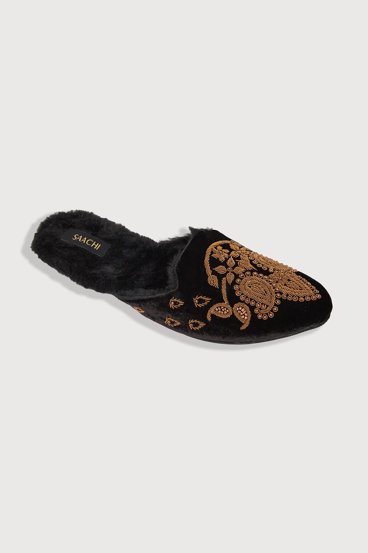Golden Paisley Fur Mules - Black