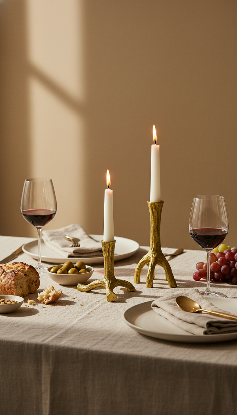 Two gold candle holders on a table with food