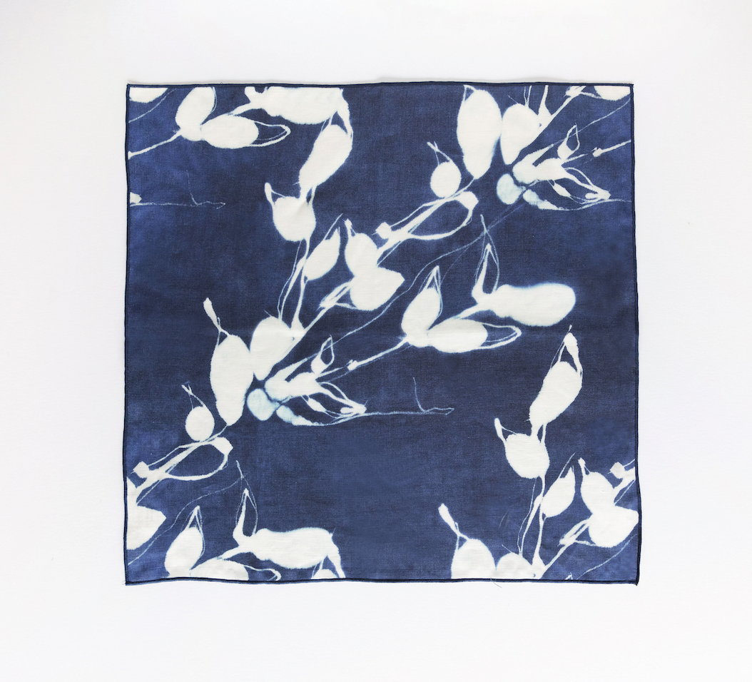 Porto Print Indigo linen dinner napkin flat lay close up detail - Goldie Home