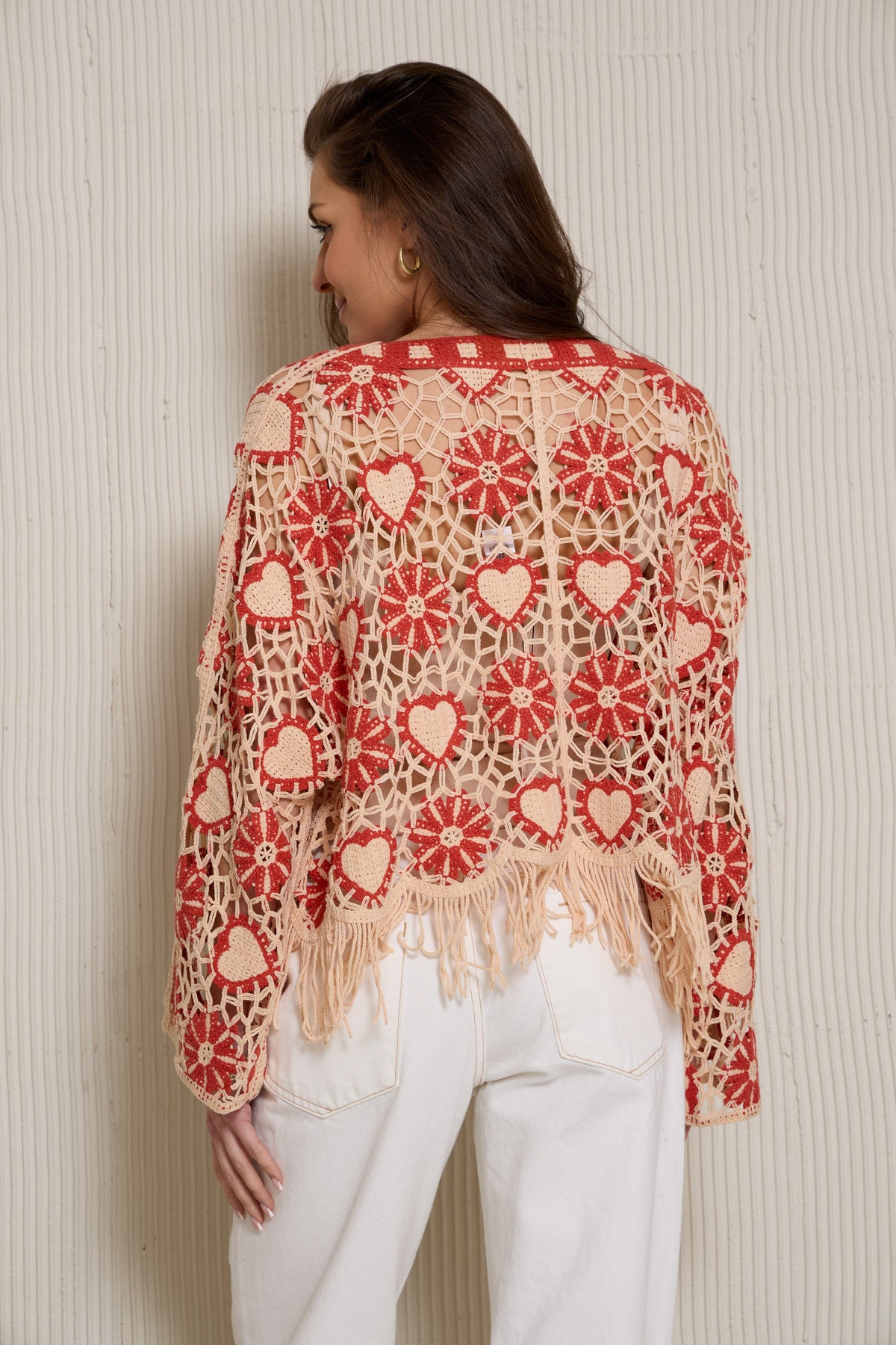 Flower Heart Crochet Poncho-red