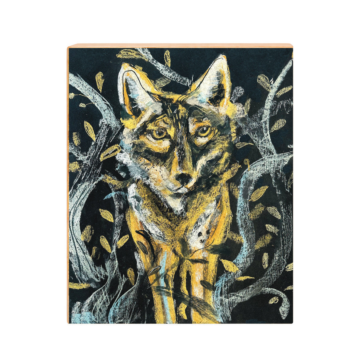 Coyote in the Woods moonlit folk art print, front view on gesso board