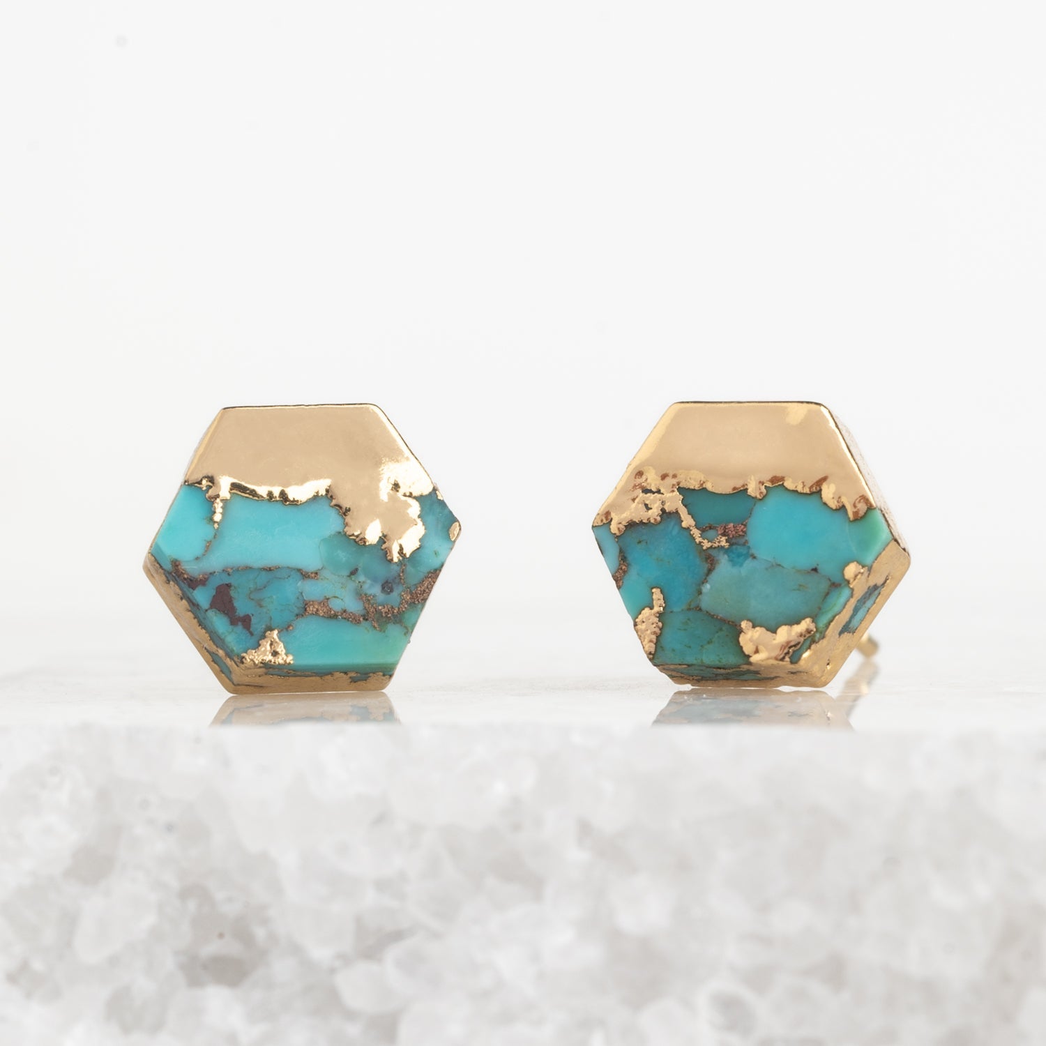 A pair of 14k gold-plated studs, fair trade high quality cute earrings with unique turquoise stones set against a marble background. great Christmas present (Xmas gift), Mother's Day gift