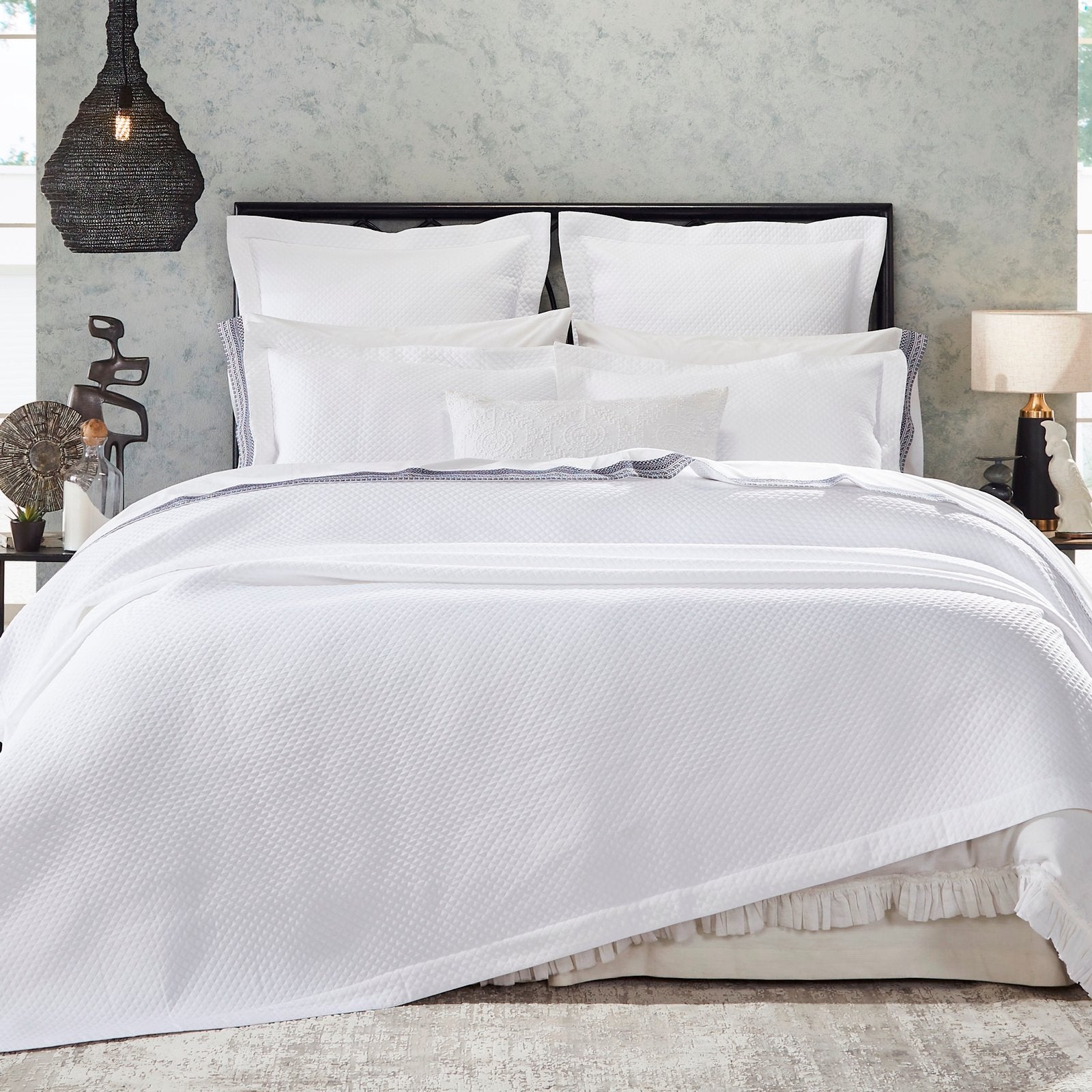 CL-173-7092_1|Crisp white diamond textured coverlet, providing a clean and elegant look for a contemporary bedroom bedding.